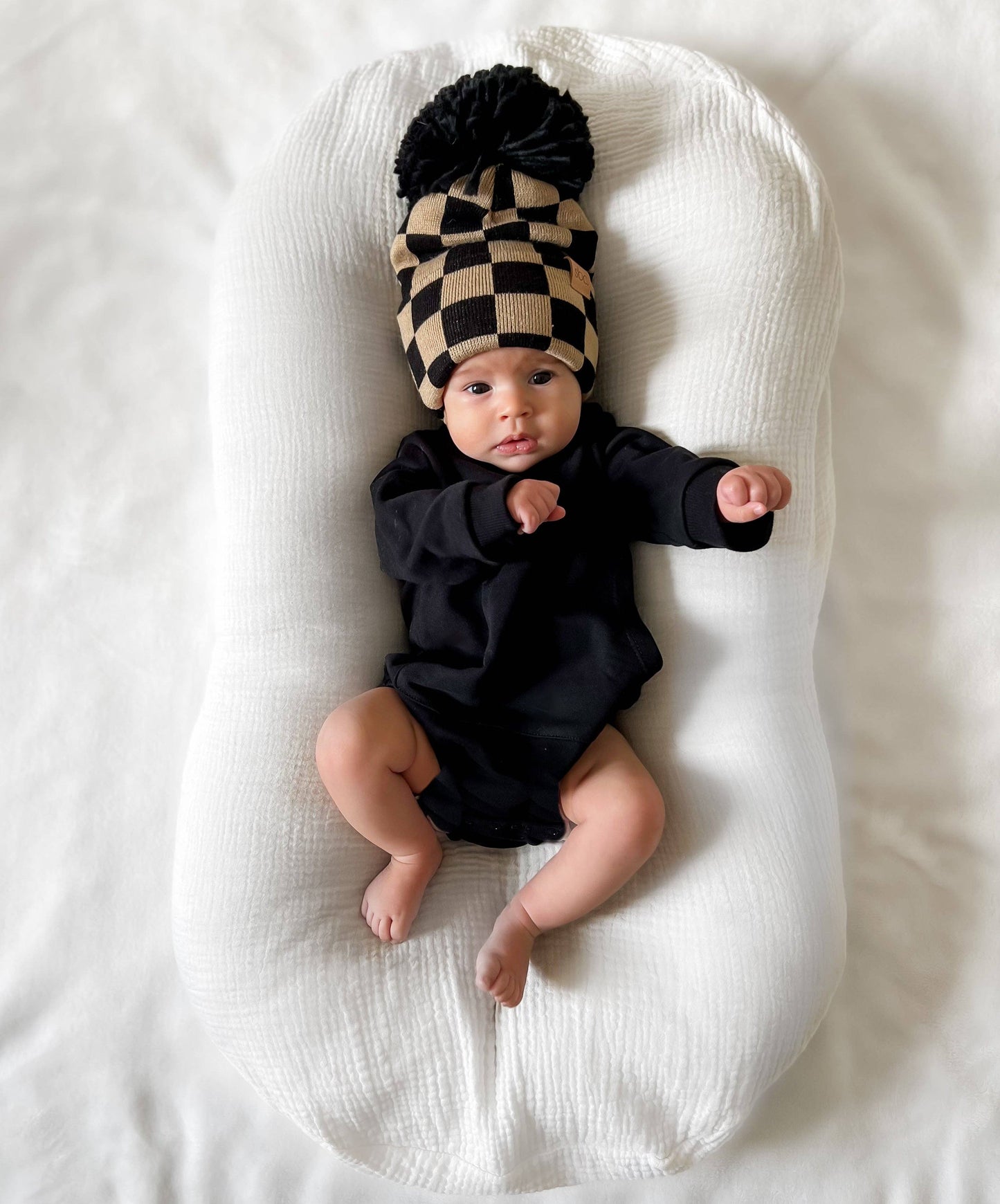 The Newborn Beanie — Black + Mocha Checkered: With Pom Pom