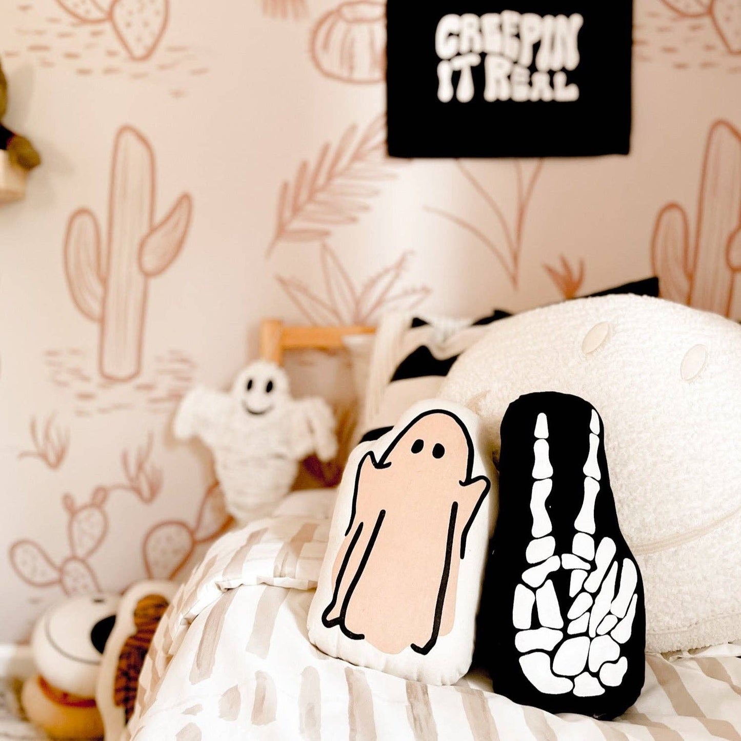 Skeleton peace sign pillow