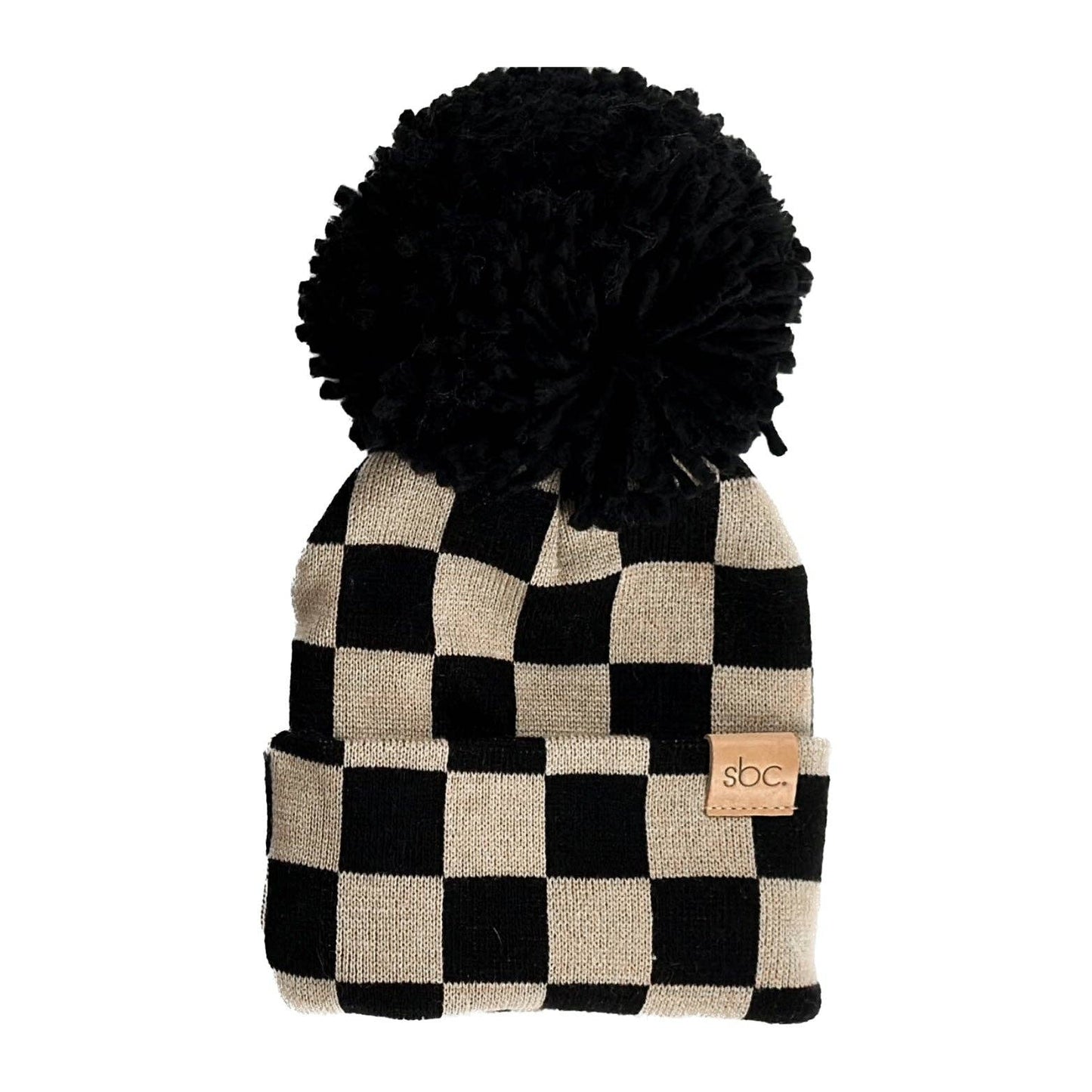 The Newborn Beanie — Black + Mocha Checkered: With Pom Pom