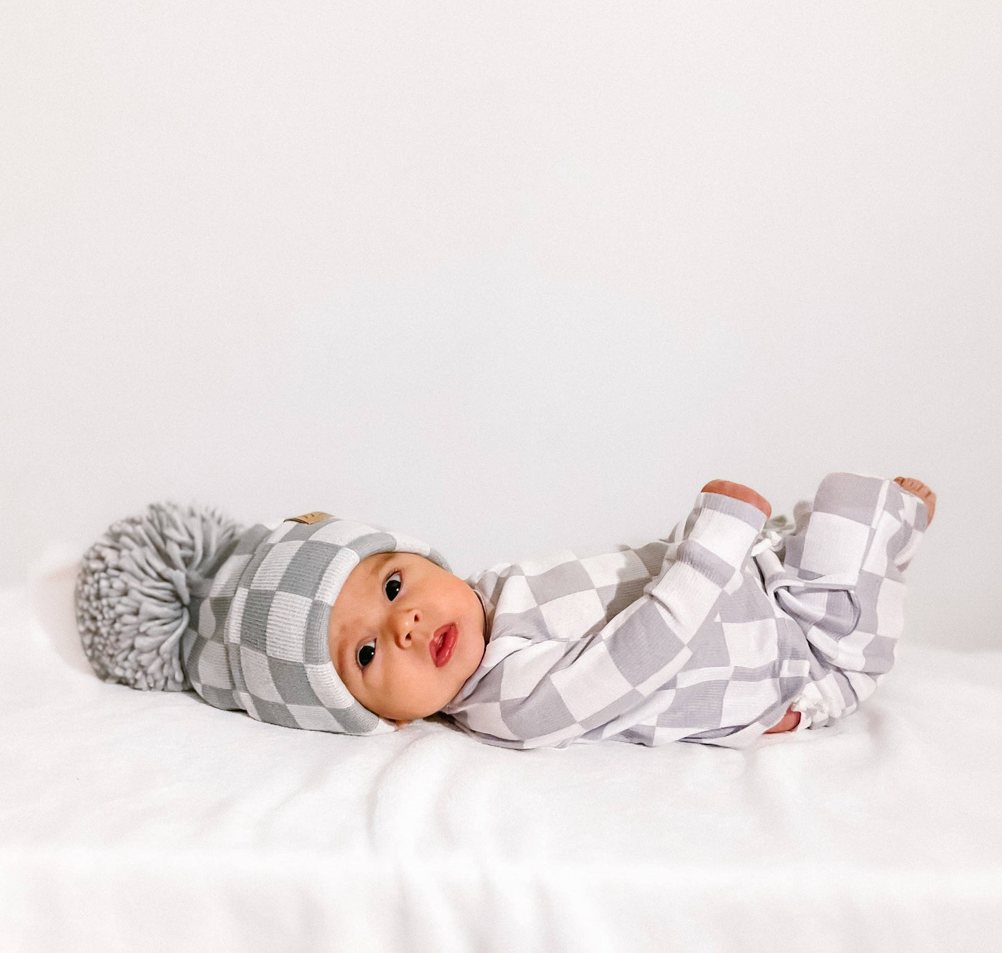 The Newborn Beanie — Pewter + White Checkered: With Pom Pom