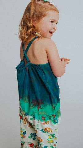 Gathered Strappy Tank Rag Romper With Side Pockets- Dip Dye Floral