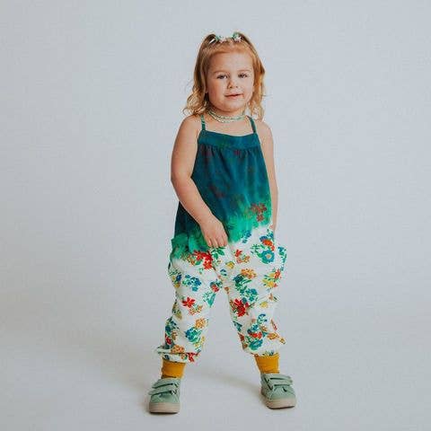 Gathered Strappy Tank Rag Romper With Side Pockets- Dip Dye Floral