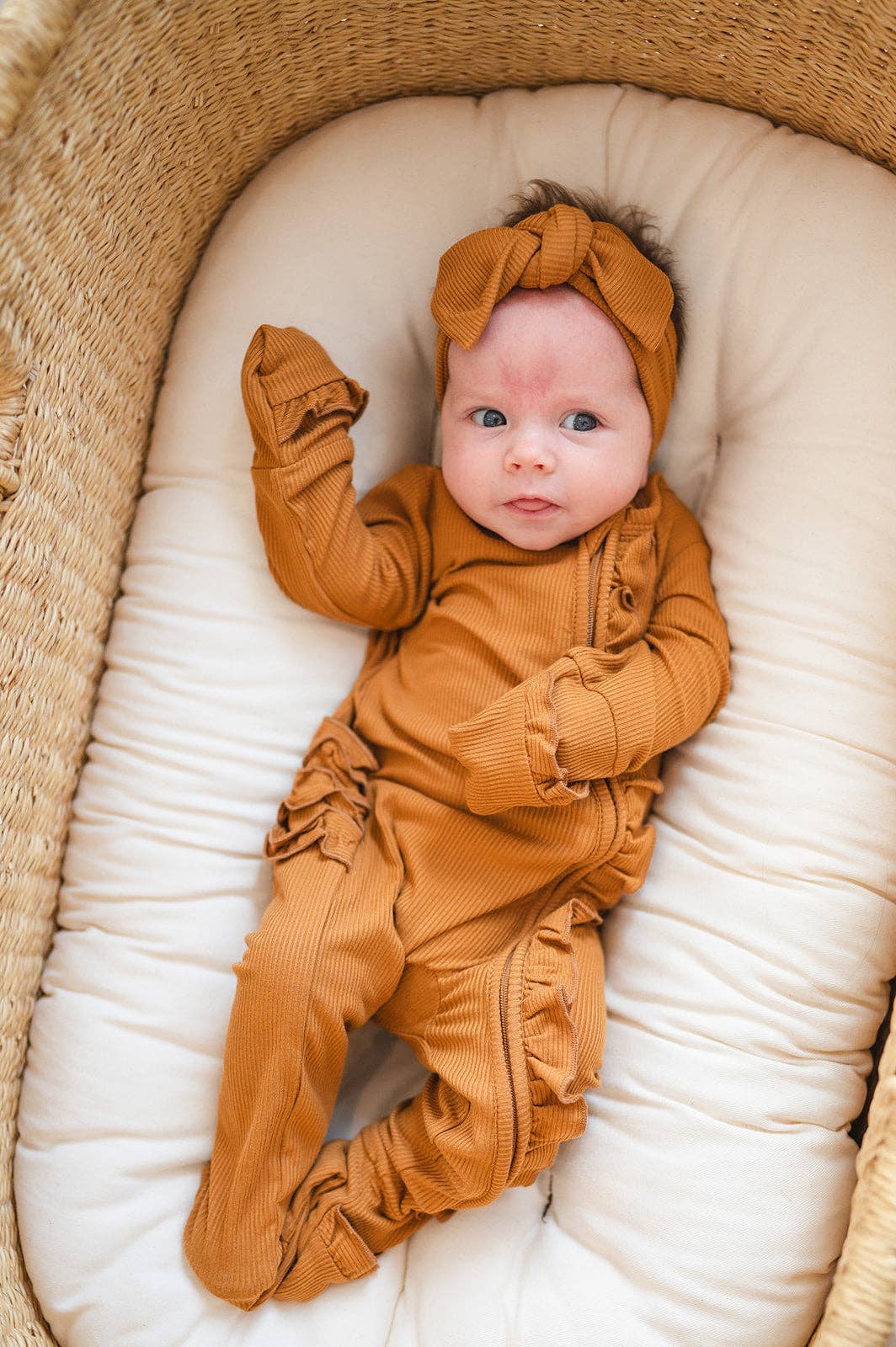 Ruffle Zipper One Piece - Caramel Ribbed