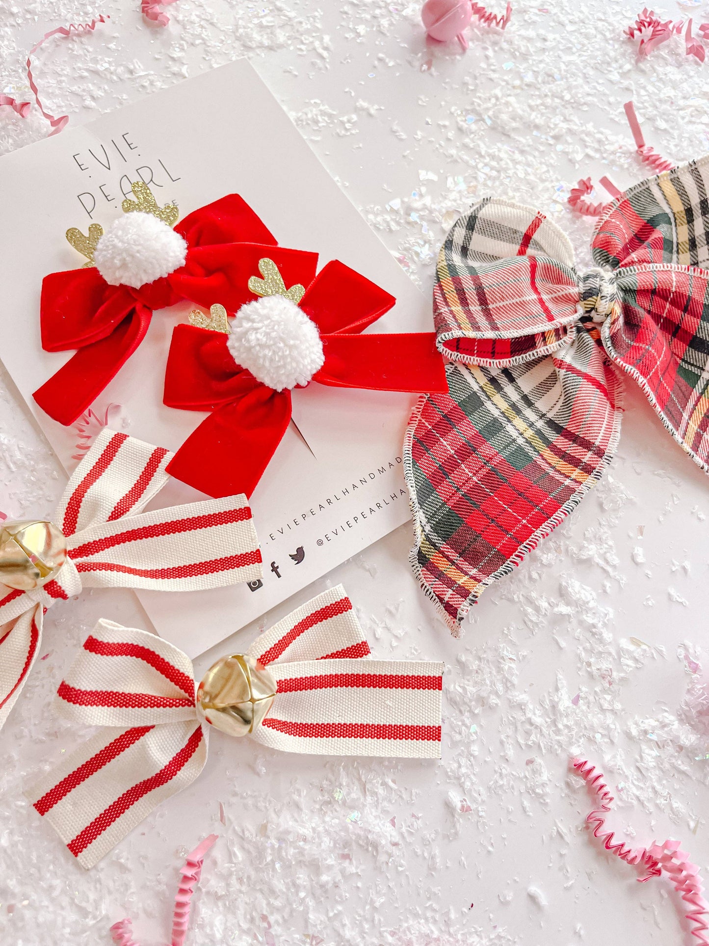 Jingle Bell Red Stripe Small Bow Pigtail Set