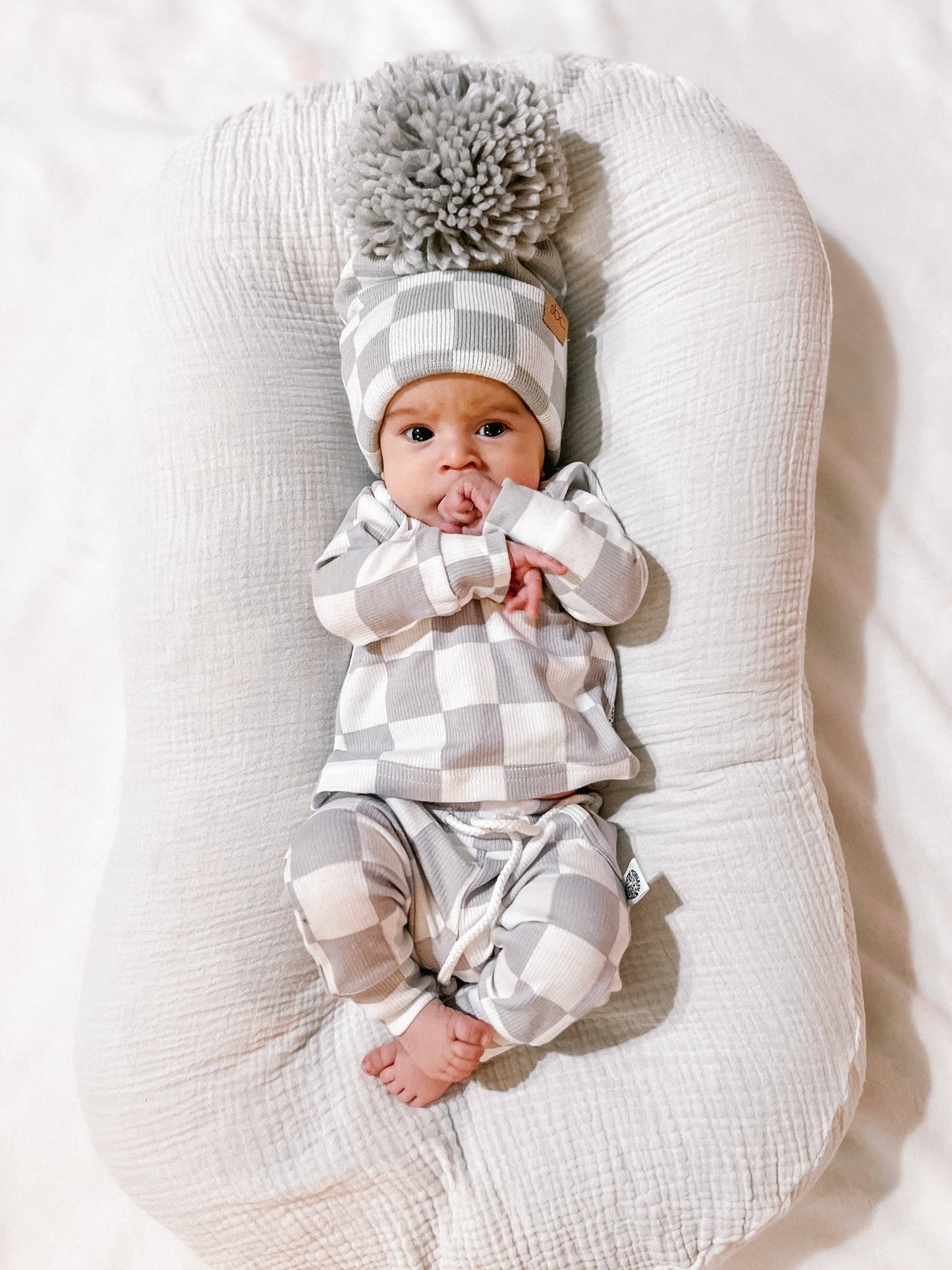 The Newborn Beanie — Pewter + White Checkered: With Pom Pom