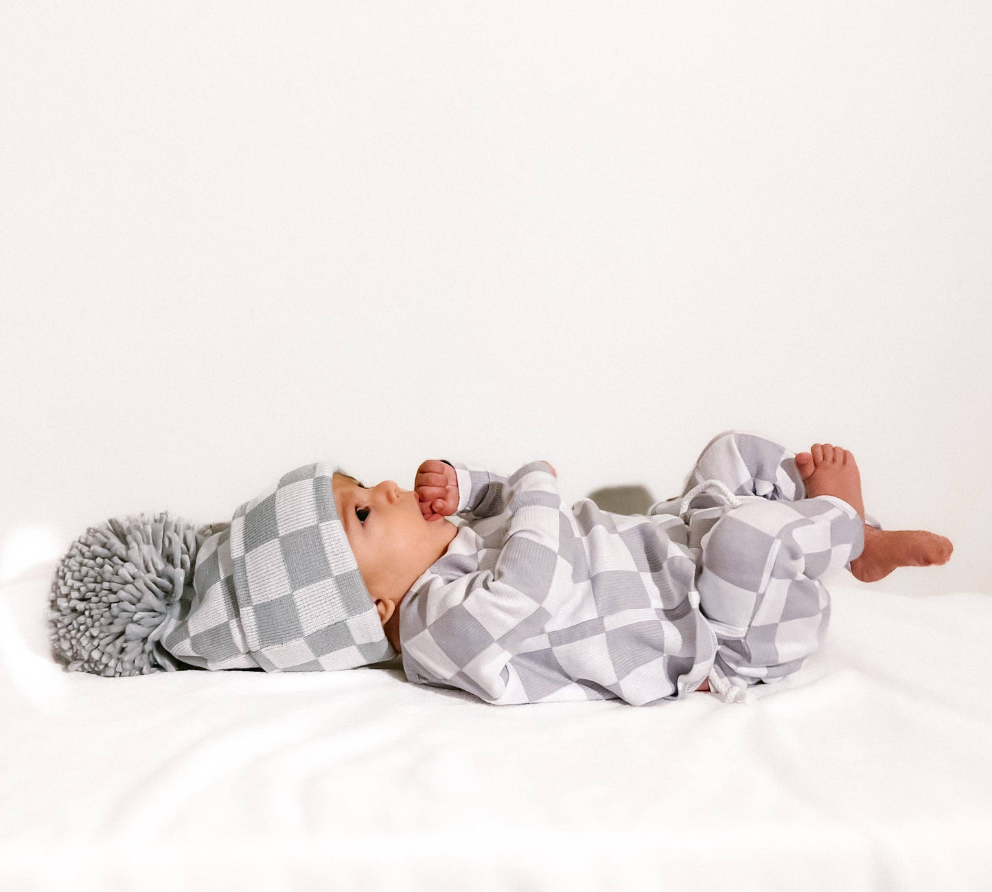 The Newborn Beanie — Pewter + White Checkered: With Pom Pom