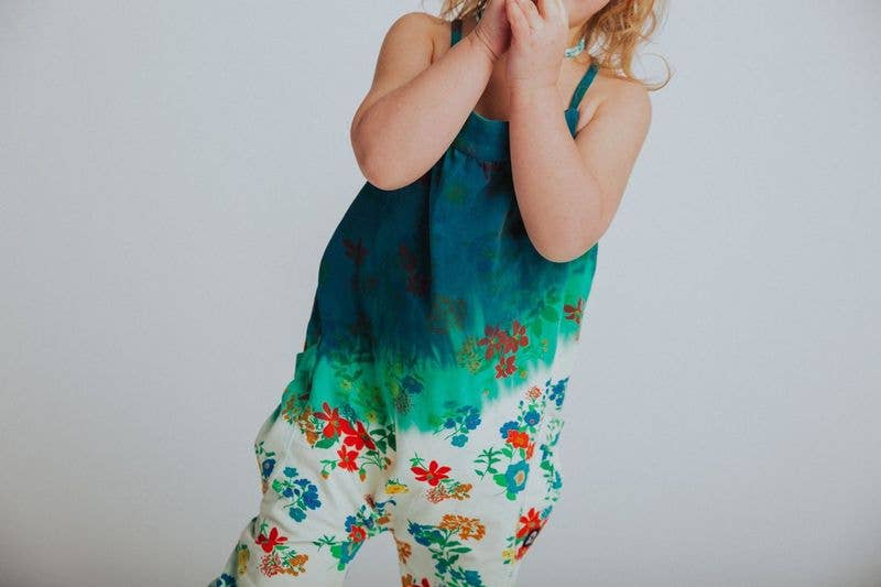 Gathered Strappy Tank Rag Romper With Side Pockets- Dip Dye Floral