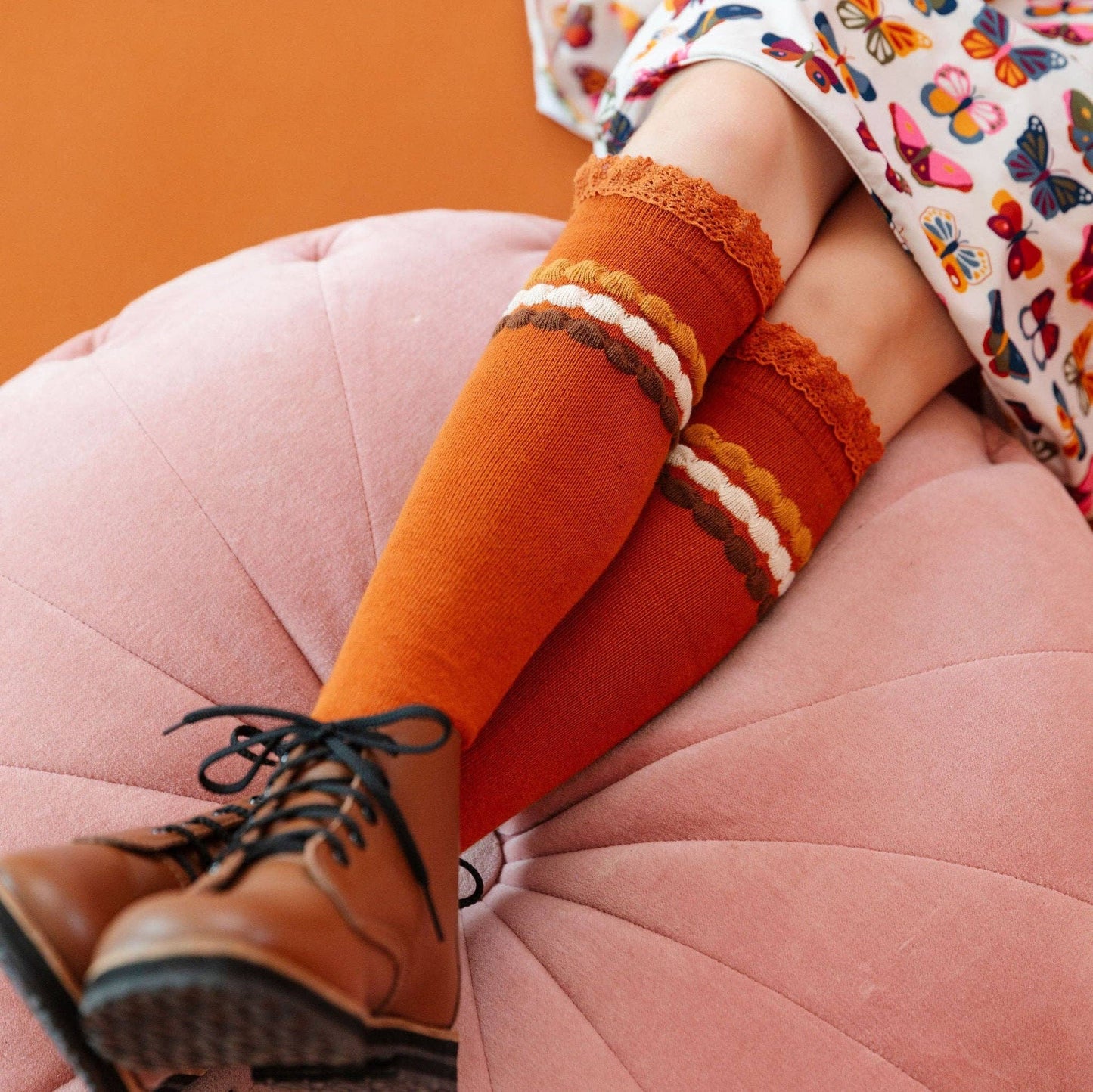 Harvest Bubble Stripe Lace Top Knee High Socks