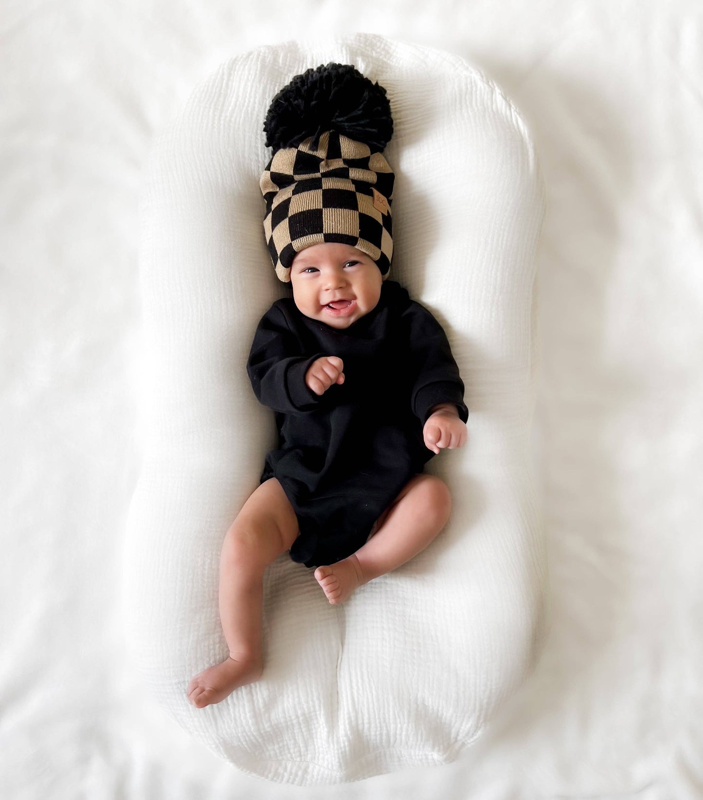 The Newborn Beanie — Black + Mocha Checkered: With Pom Pom