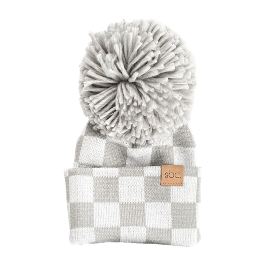 The Newborn Beanie — Pewter + White Checkered: With Pom Pom