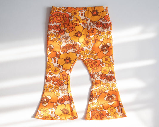 70s Flower Power Jersey Knit Bell Bottoms