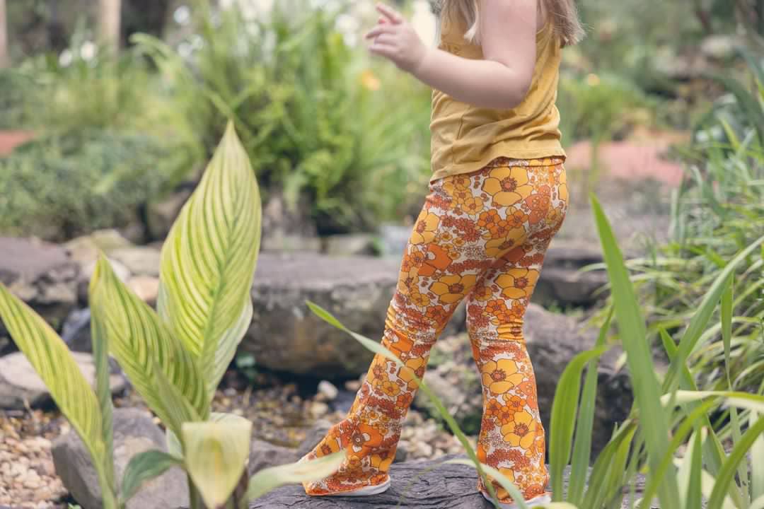 70s Flower Power Jersey Knit Bell Bottoms