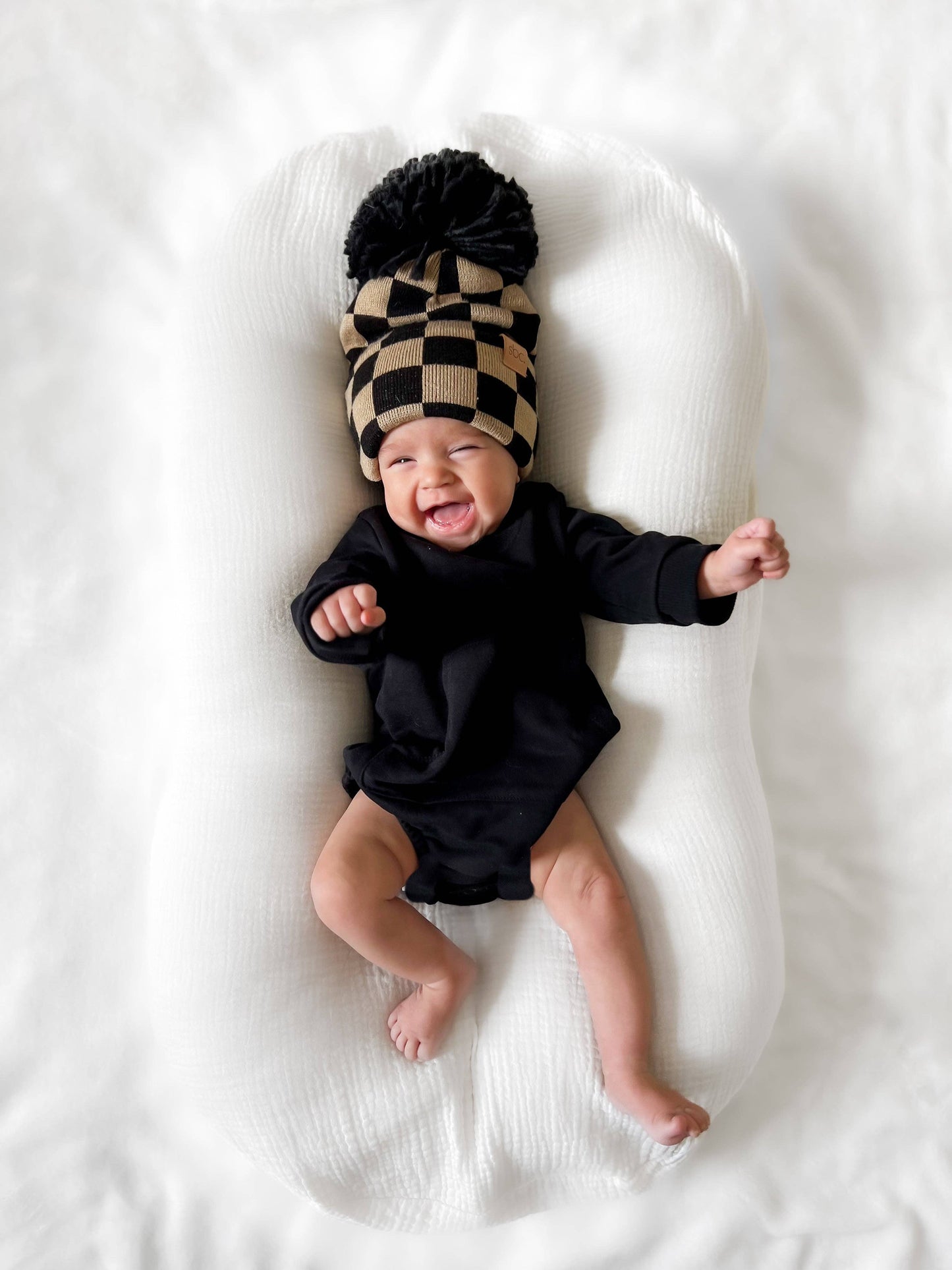 The Newborn Beanie — Black + Mocha Checkered: With Pom Pom