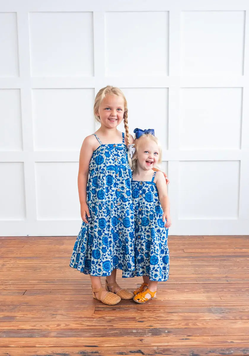 Indigo Floral Printed Tiered Dress and Bloomers