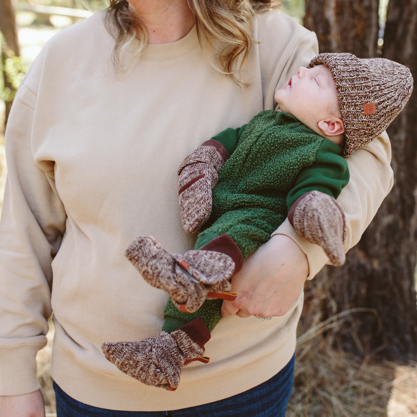 Cotton Knit Baby Stay-On Mitts - Bark